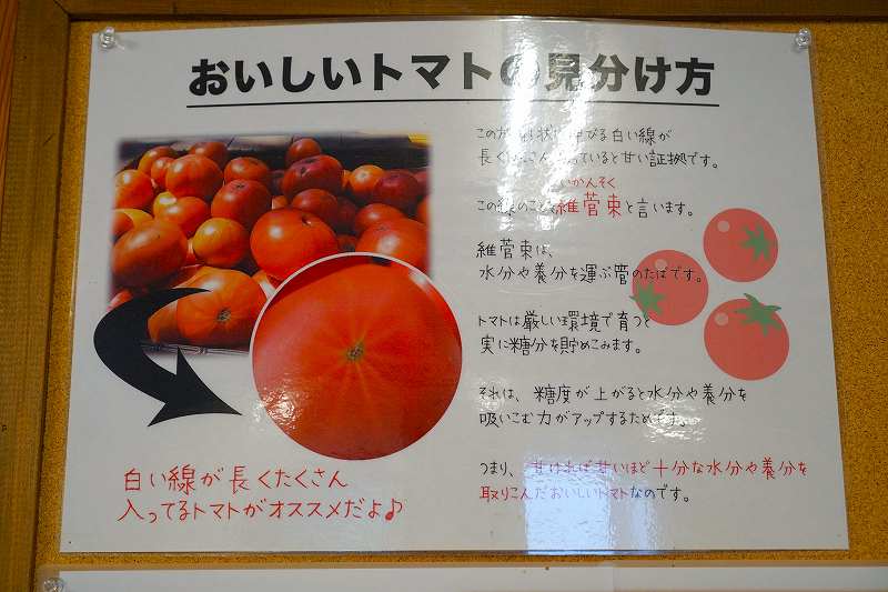 おいしいトマトの見分け方の案内が壁に貼られている