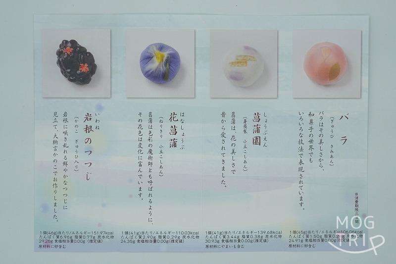 千秋庵総本家の「上生菓子」の解説書がテーブルに置かれている