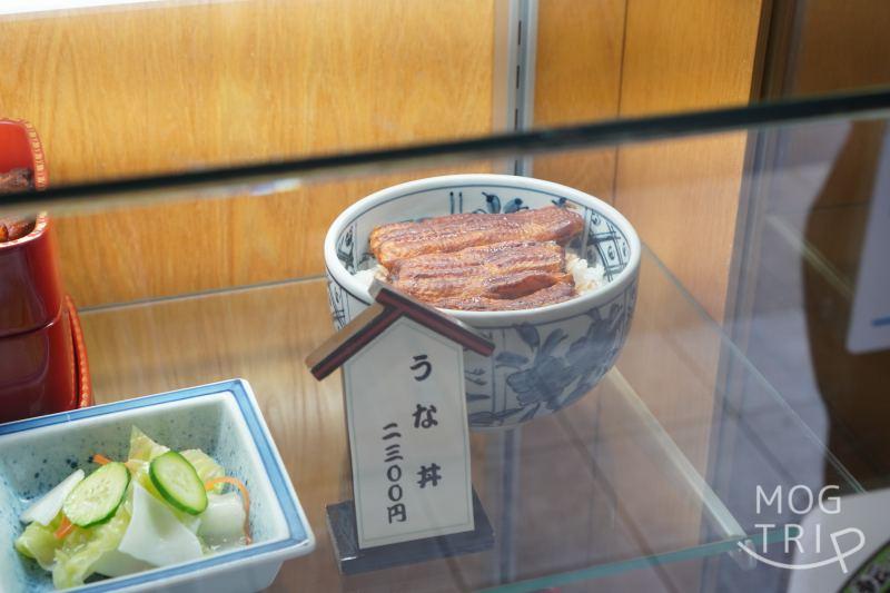 旭川「うなぎ かどわき」のうな丼の食品サンプルがガラスの棚に置かれている